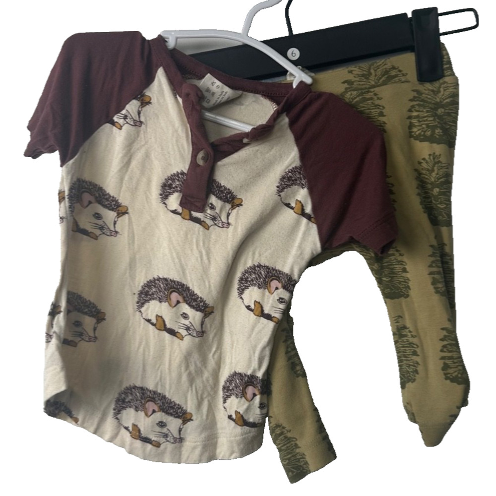 Lot of two 6-12m Kate Quinn Pieces Hedgehog Shirt Pants Organic Baby Unisex E14